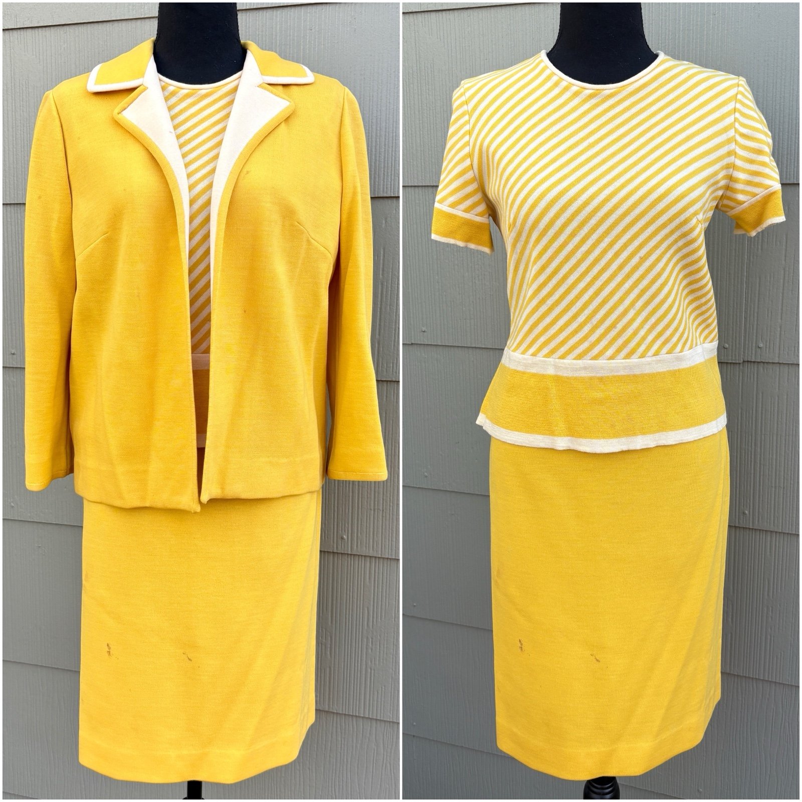 vtg 60s 70s Knit Yellow Blouse Skirt & Jacket 3-Piece Matching Mod Preppy Set
