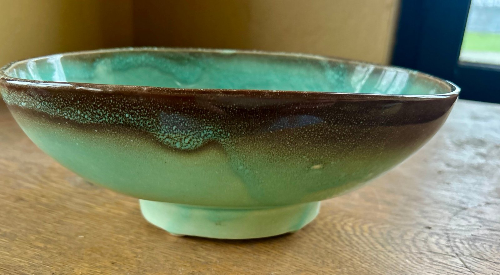 Mid-Century Turquoise and Brown Drip Glaze Bowl