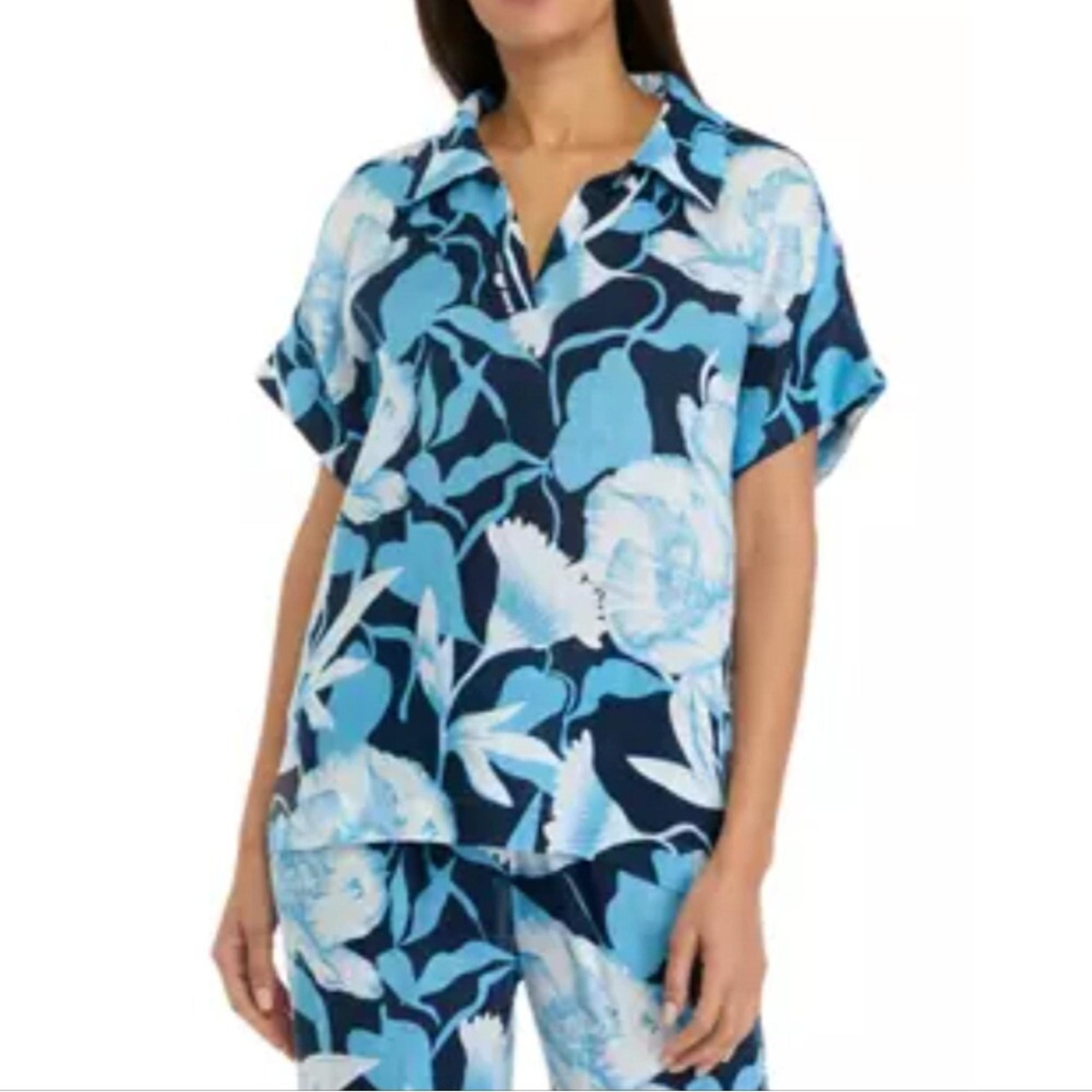 Elie Tahari Blue Floral Split Neck Collared Linen Blouse 2X