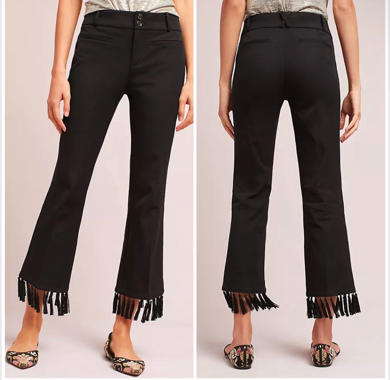 Anthropologie The Essential Tassel-Hem Cropped Flare Pant In Black Size 12