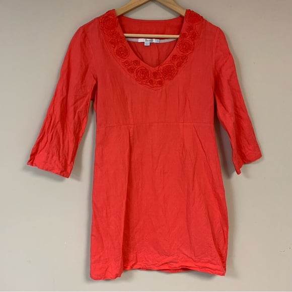 BODEN Linen Dress Women’s 6 Coral Orange Lightweight Summer V Neck Sheath Tuni
