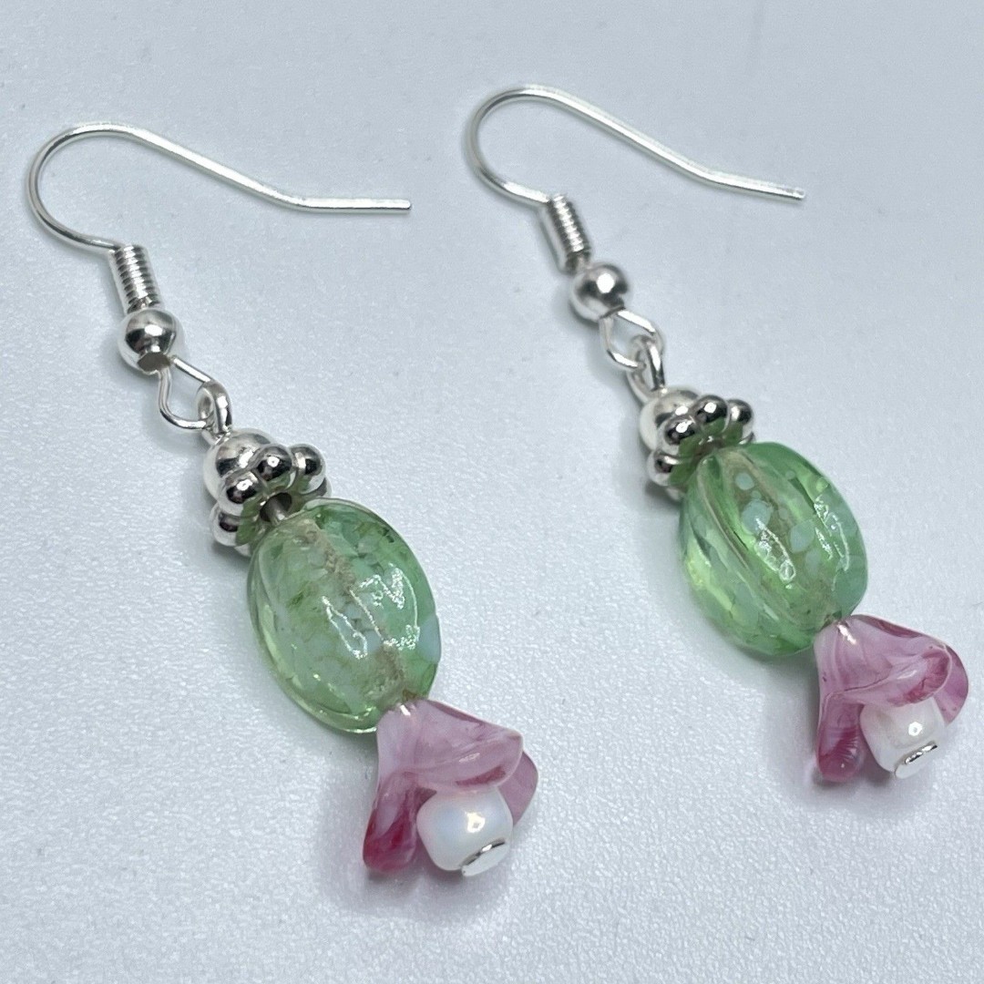Artisan Cute Upside Down Pink Green Flower Beaded Earrings Dangle Boho Unique