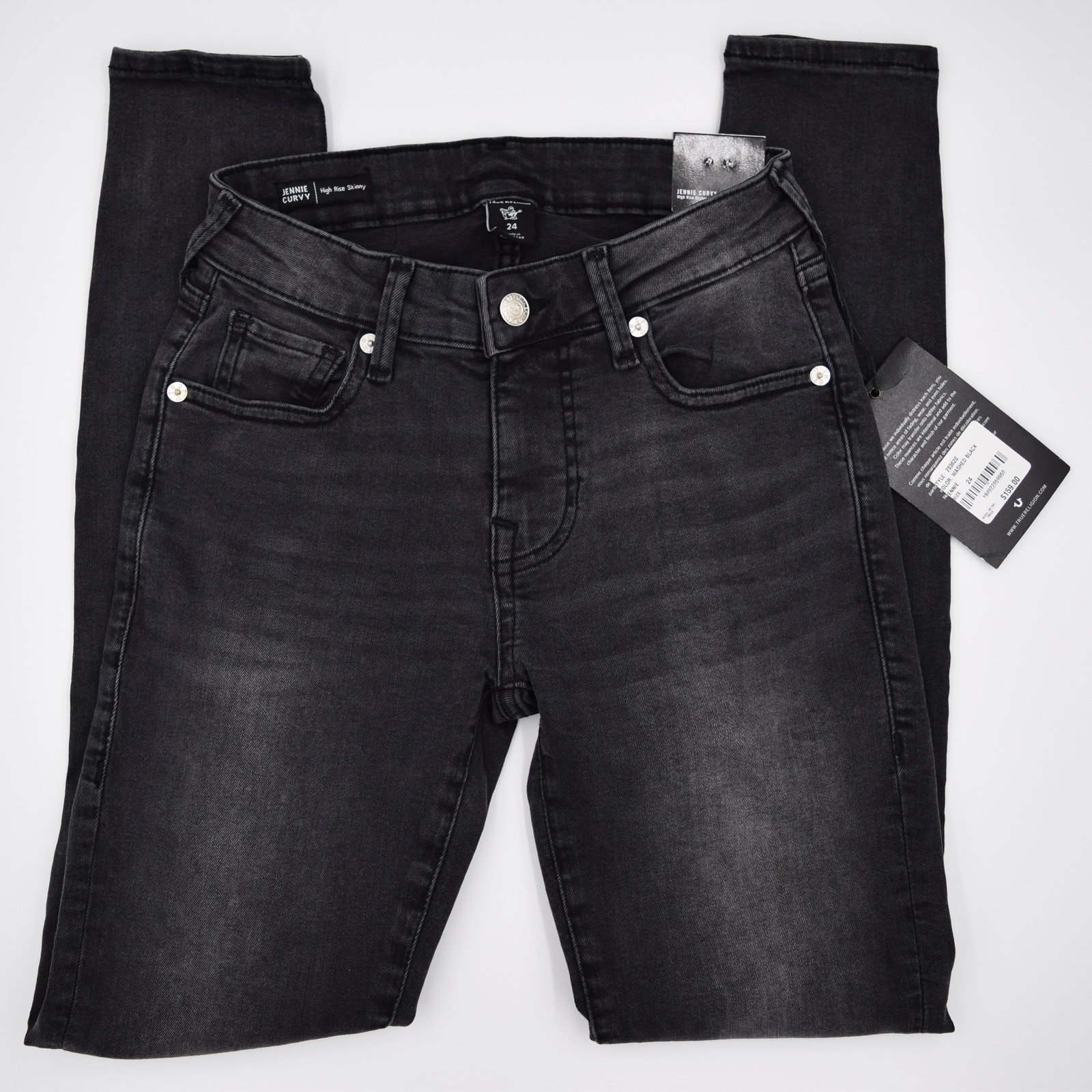 NWT TRUE RELIGION Jennie Curvy High Rise Washed Black Skinny Jeans Size 24