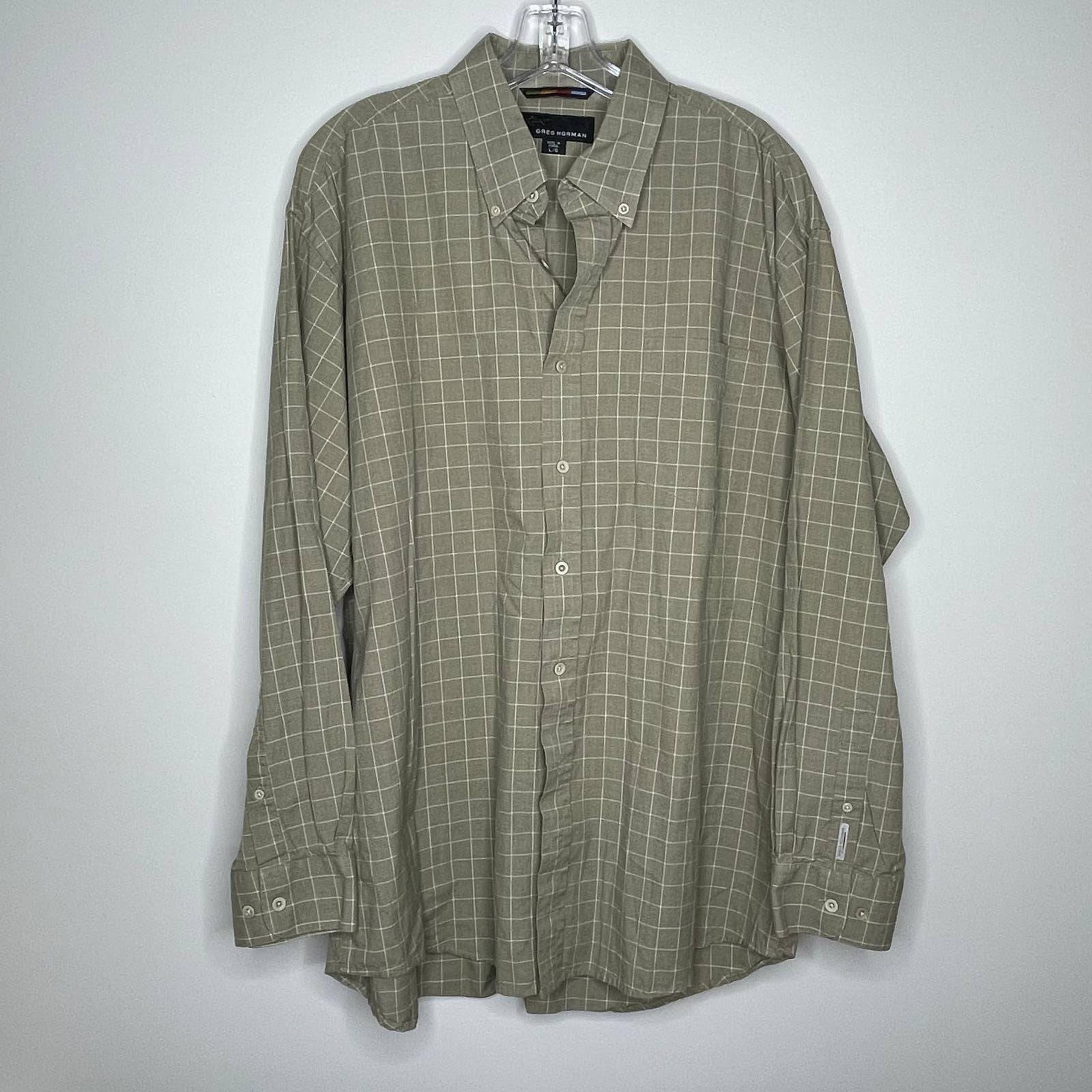 Greg Norman Button Down Shirt Men's Large Tan Plaid Top Collared Cotton Casual