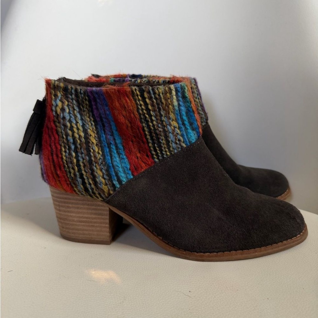 Toms Boots Womens 7.5 Leila Ankle Booties Brown Suede Heeled Tassel