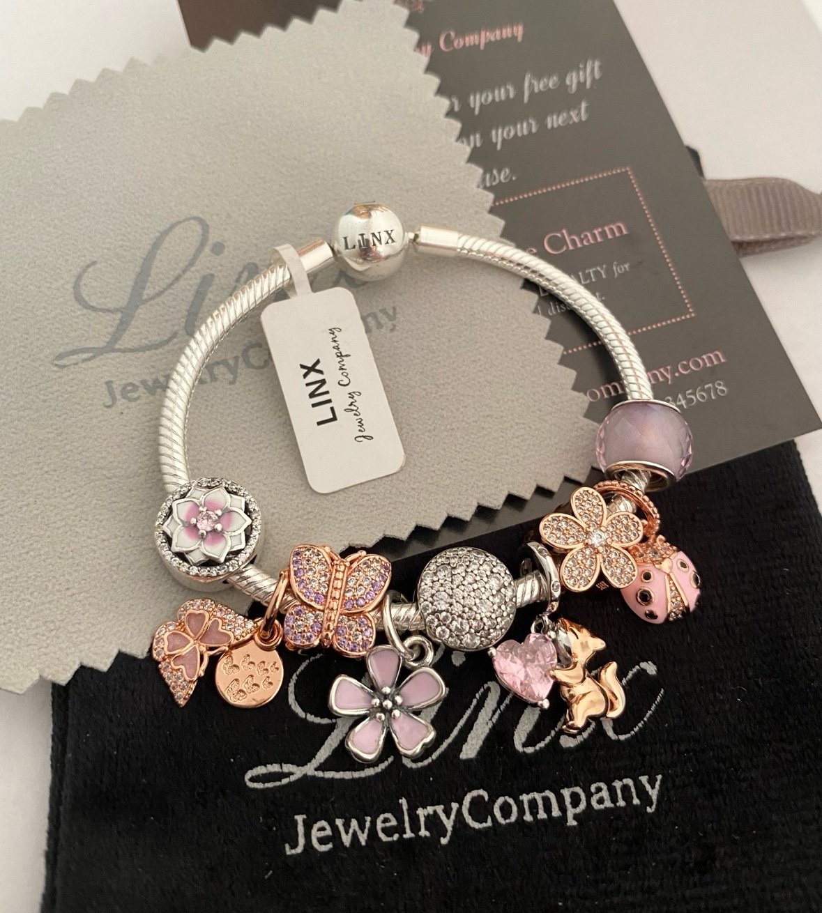 Linx Snake Chain Bracelet with Rose Gold Pink and Silver Themed Charms