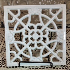 Decorative Ornate Square White Enamel on Cast Iron Trivet Hot Plate (read)