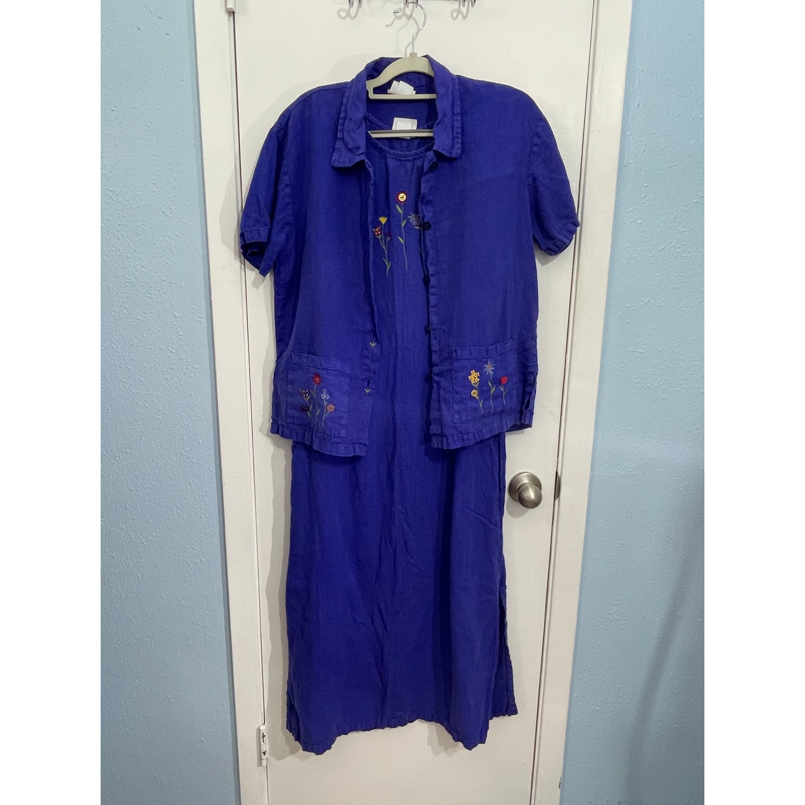 Vintage Donna Linen Dress Shirt Set Small Blue Embroidered Cottage Core Boho