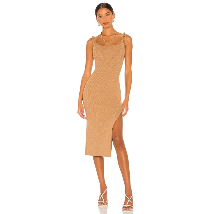 LPA Salmah Knit Dress in Camel X-Small New Womens Wool Bodycon Midi