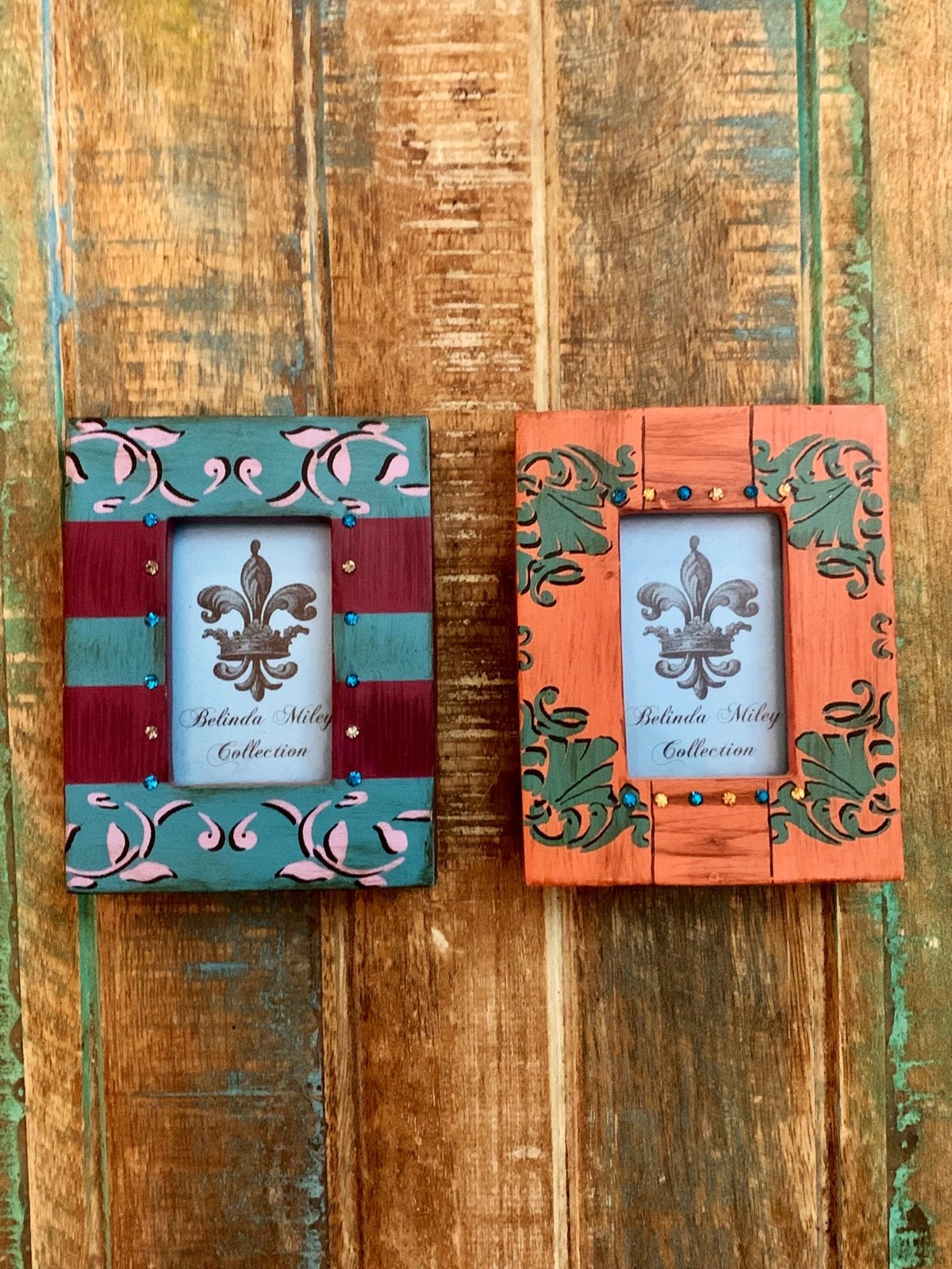 Vintage Boho Picture Frames Pair & Gift Box Rhinestones Embellished Mid-Century