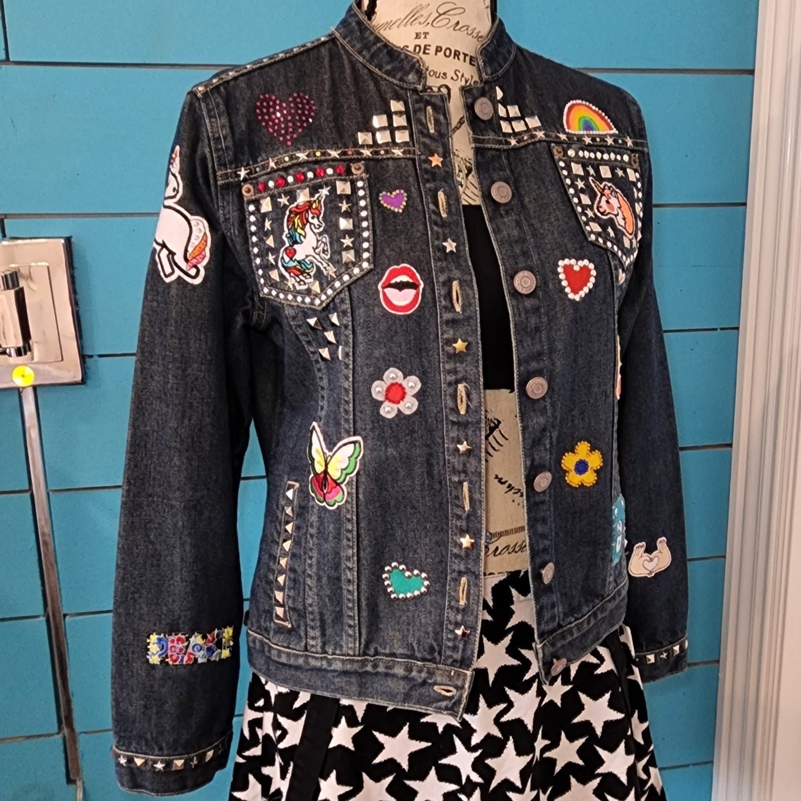 Unicorn Madness Patch Jean Jacket Studs Bedazzled Custom Upcycled Vintage XS