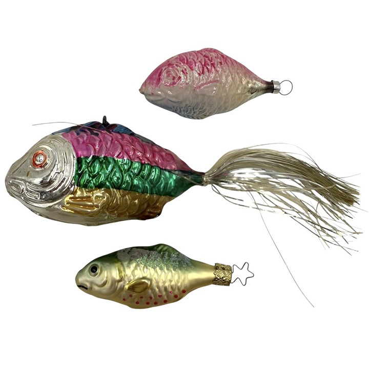 Vintage Mercury Glass Fish Tinsel Tail Christmas Ornaments Germany Lot Of 3