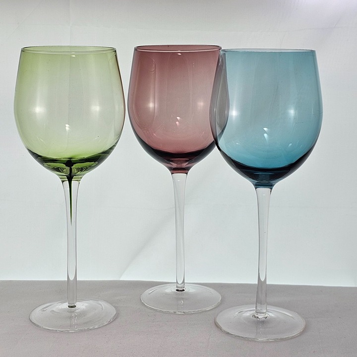 Mismatched Colors Water Goblets set 3 Wine Glasses mixed lrg glassware colorful