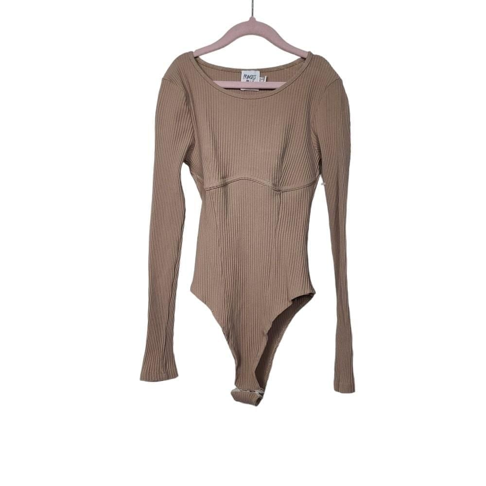 Princess Polly Moving Mountains Tan Ribbed Long Sleeve Snap Closure Bodysuit 2