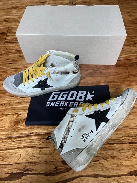 authentic golden goose midstars size 36 white leather with black glitter star