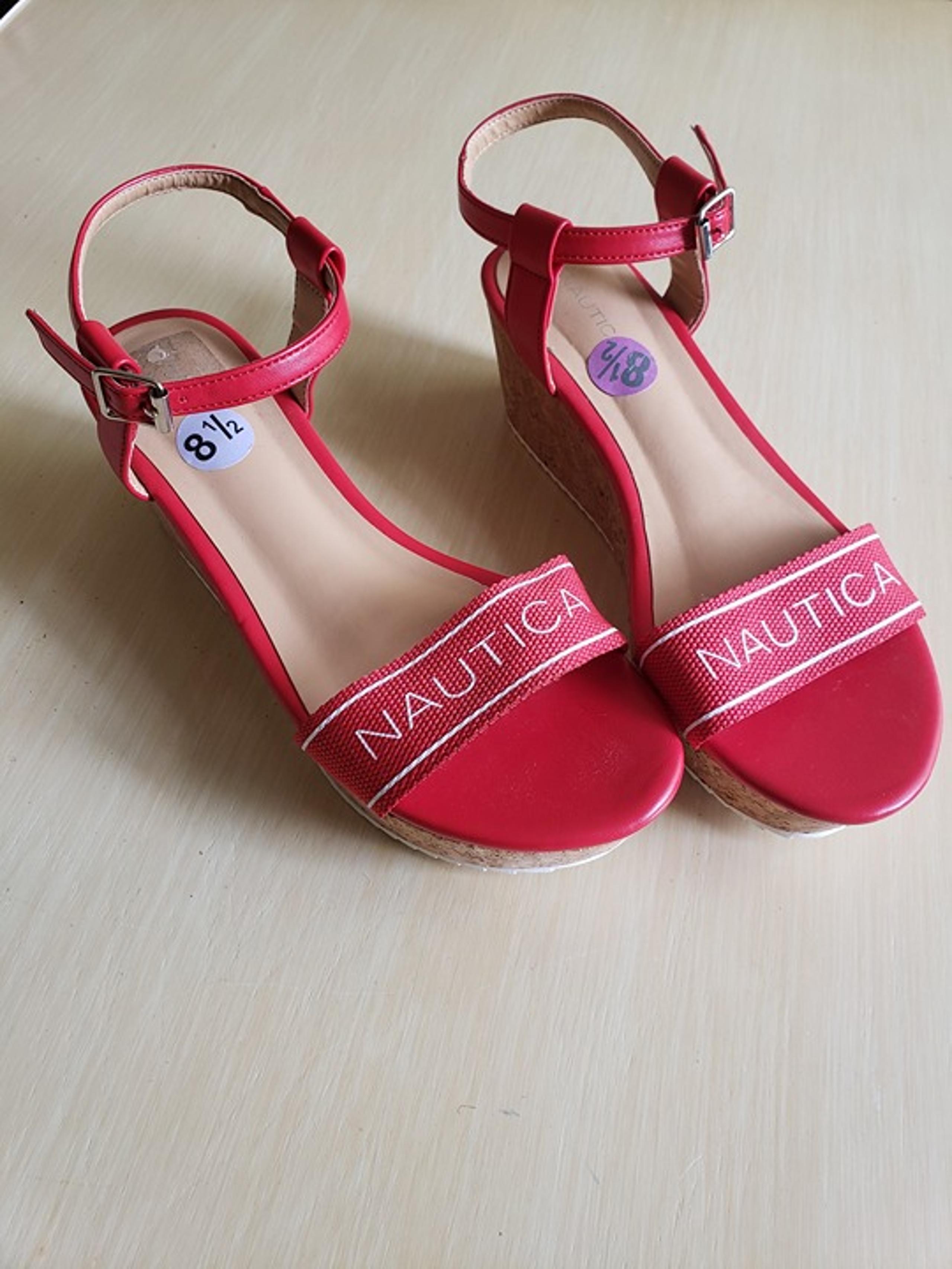 NAUTICA Sandals Soraya Platform Wedge Red White w/Fashion Buckle - Size 8.5