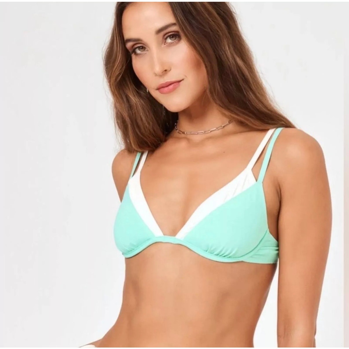 L*Space Fused Zendaya Bikini Swim Top in Bright Teal Cream Layered Size Small
