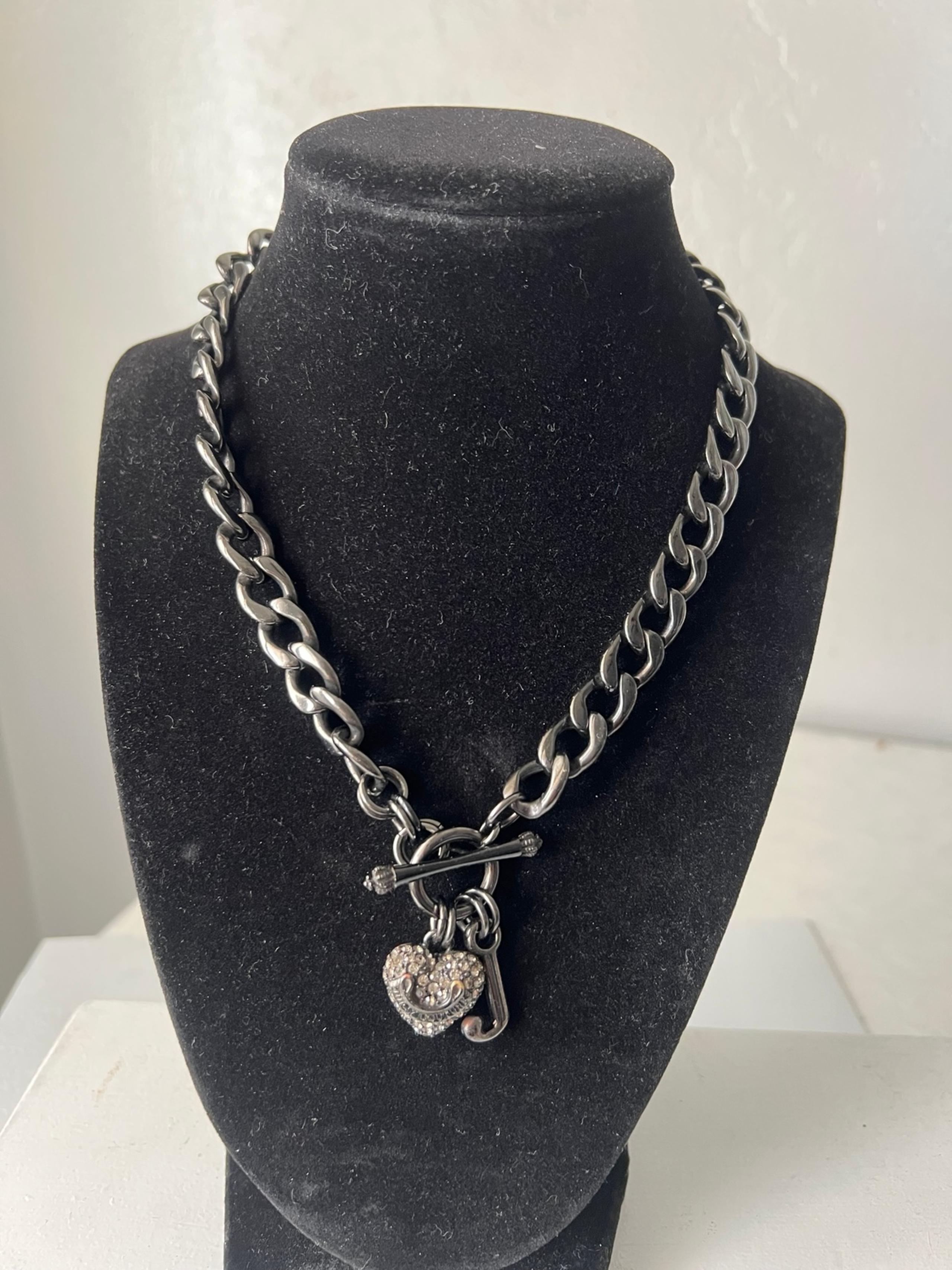 Vintage Y2K Juicy Couture Choker Chain Rhinestones Heart J Charm
Necklace