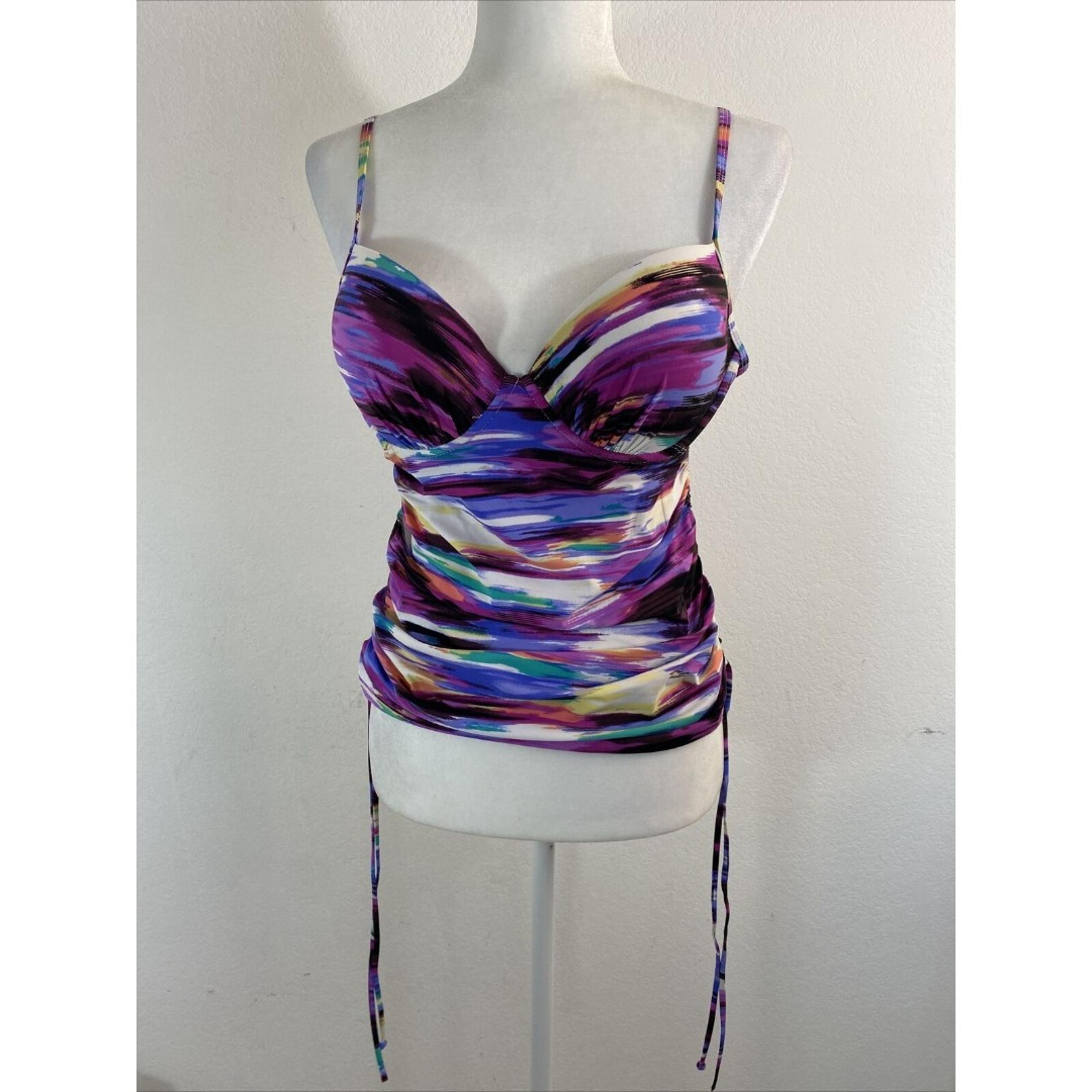 SPANX ASSETS By Sara Blakely Brush Strokes Tankini Swim Top Padded Bra Sz L