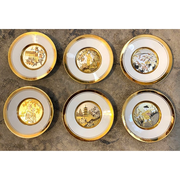 Set Of 6 Hamilton Collection Plates With Japanese Art & Gold Trim