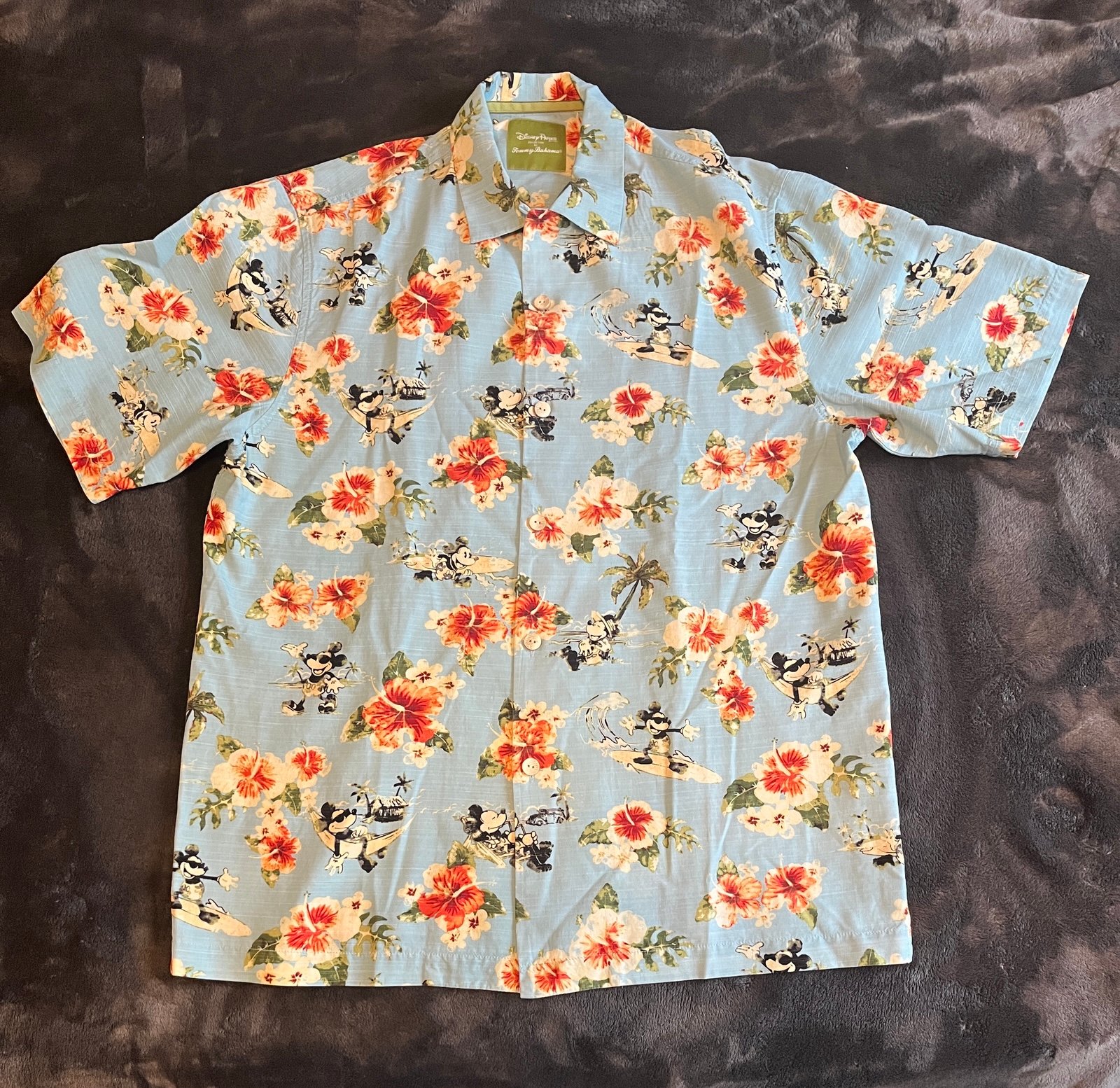 Tommy Bahama Disney Mickey Mouse Button Silk Cotton Hawaiian Floral Shirt Small