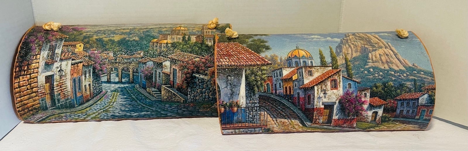 Rustic clay tile hand painted home decor set of two