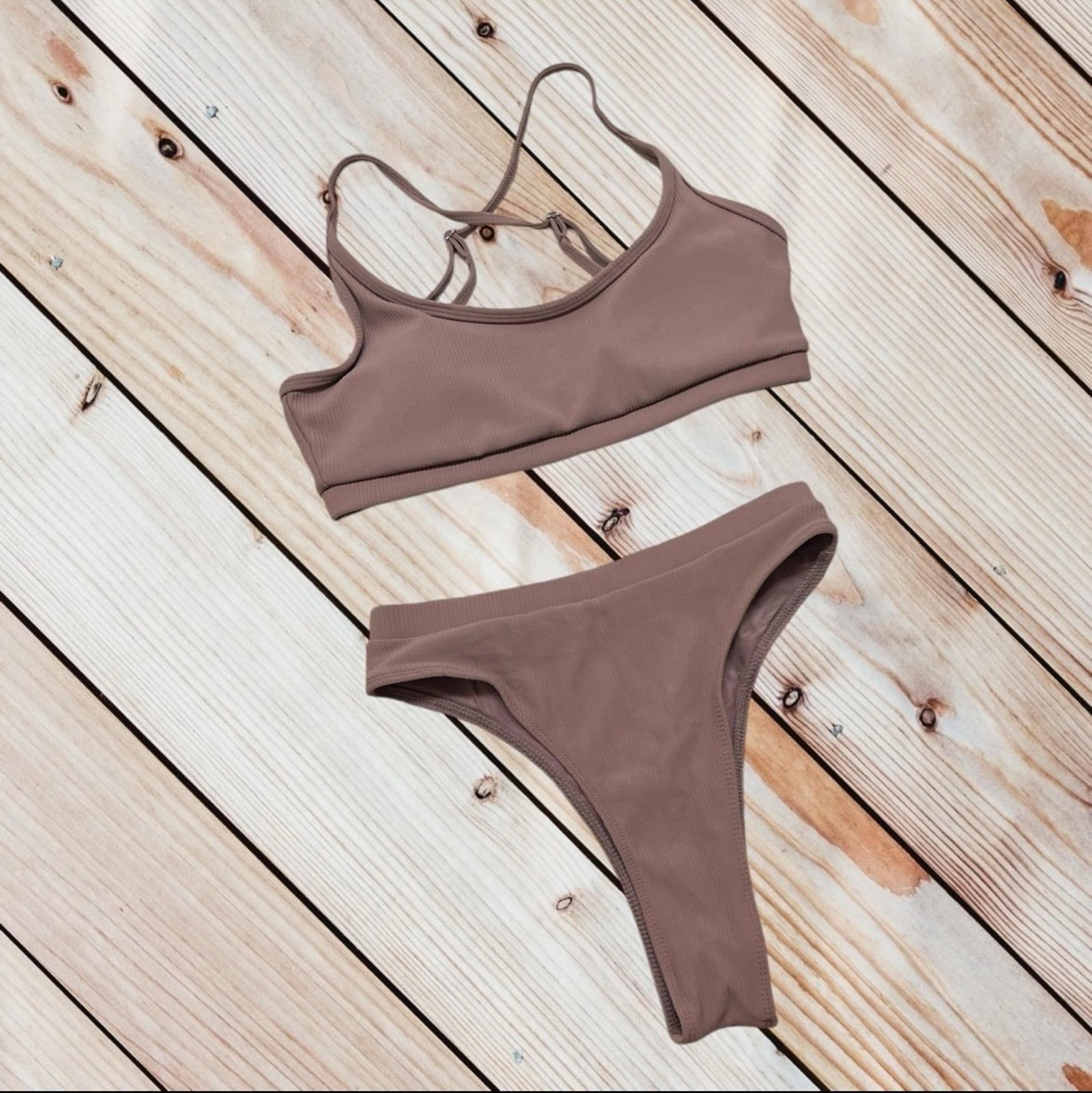 NWOT Double Zero S high waisted ribbed tan bikini
$60 retail