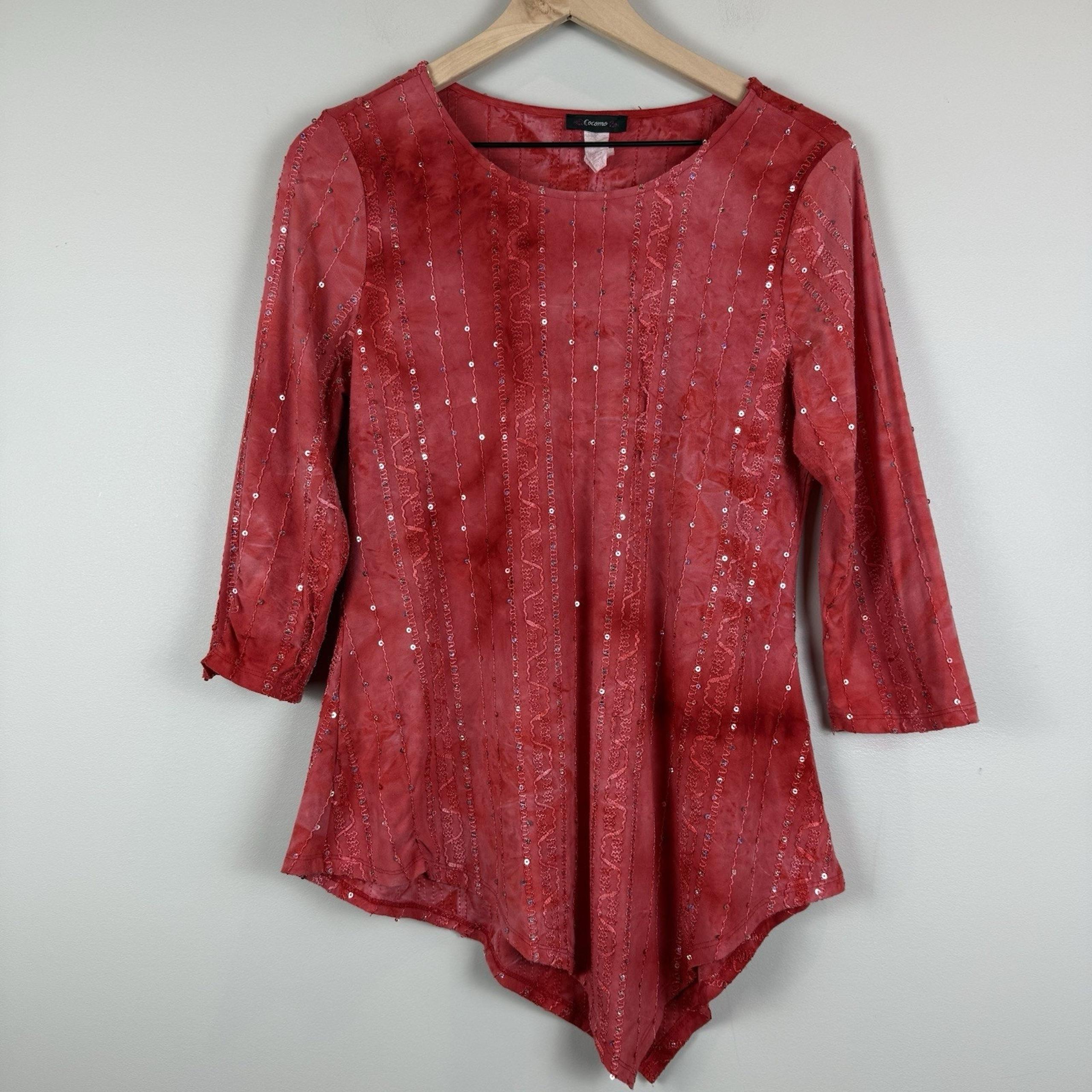 Cocomo Top Women's Small Red Sequin Scoop Neck 3/4 Sleeve Stretch Tunic Artsy