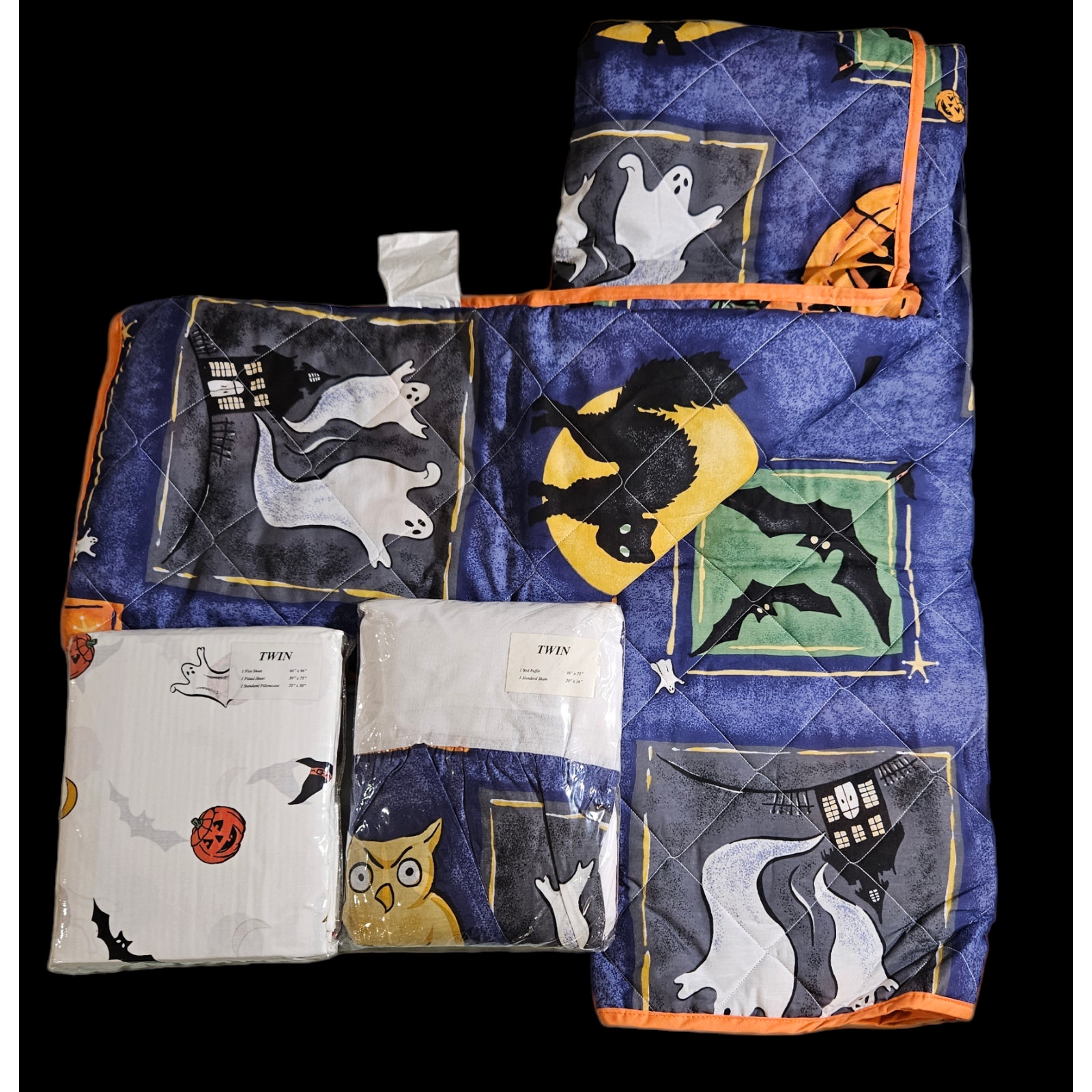 Halloween Party 6 pc Quilted Bedspread & Pillow Sham Set W/Bedsheet Set & Ruffle