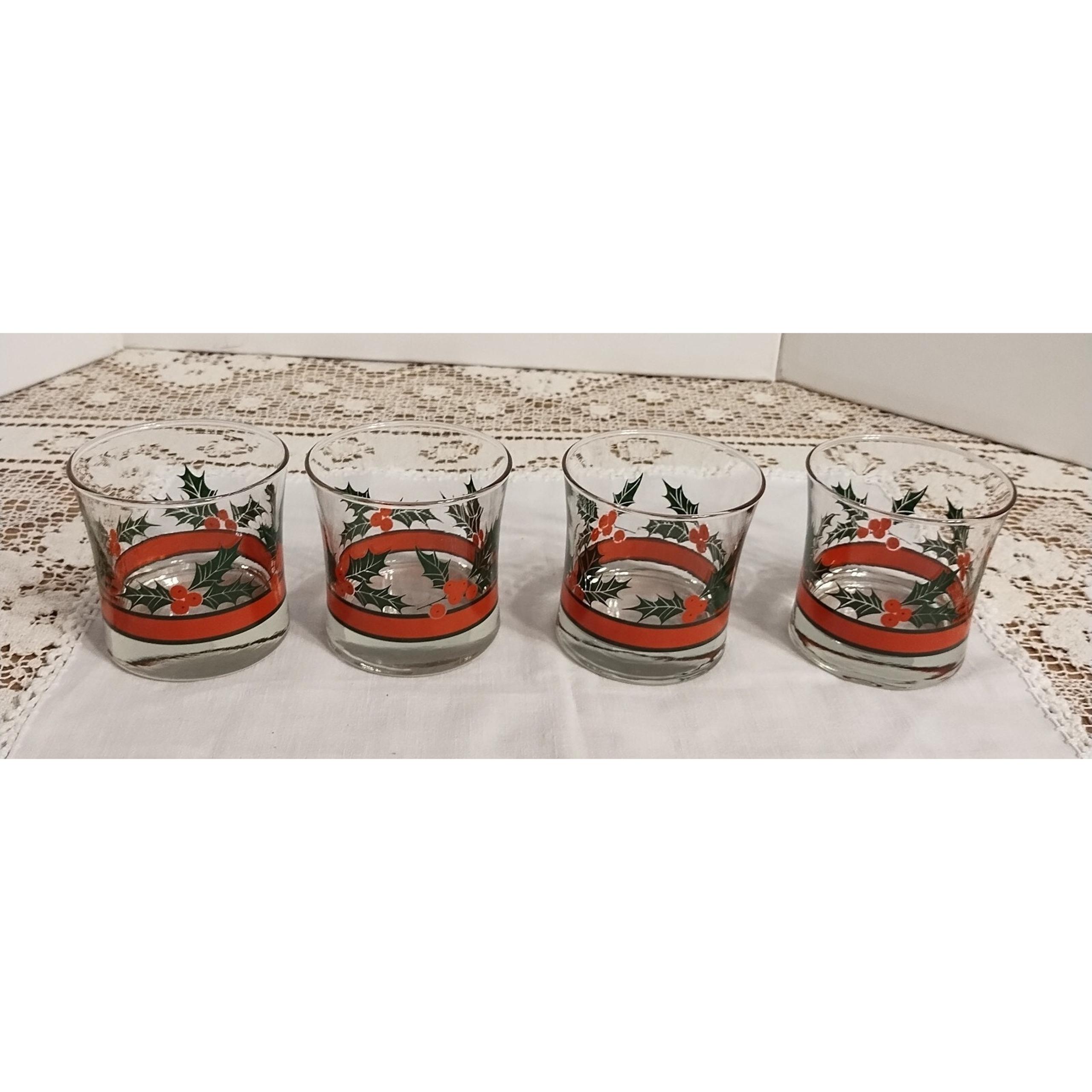 Set of 4 Vintage Libby Christmas Holly & Berries Rocks Low Ball Glasses 10 oz.