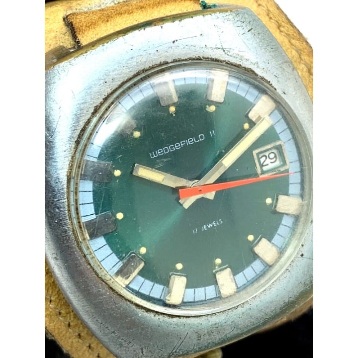 Wedgefield 11 Men's Watch Vintage 17J Hand Winding Green Dial Leather Band USED