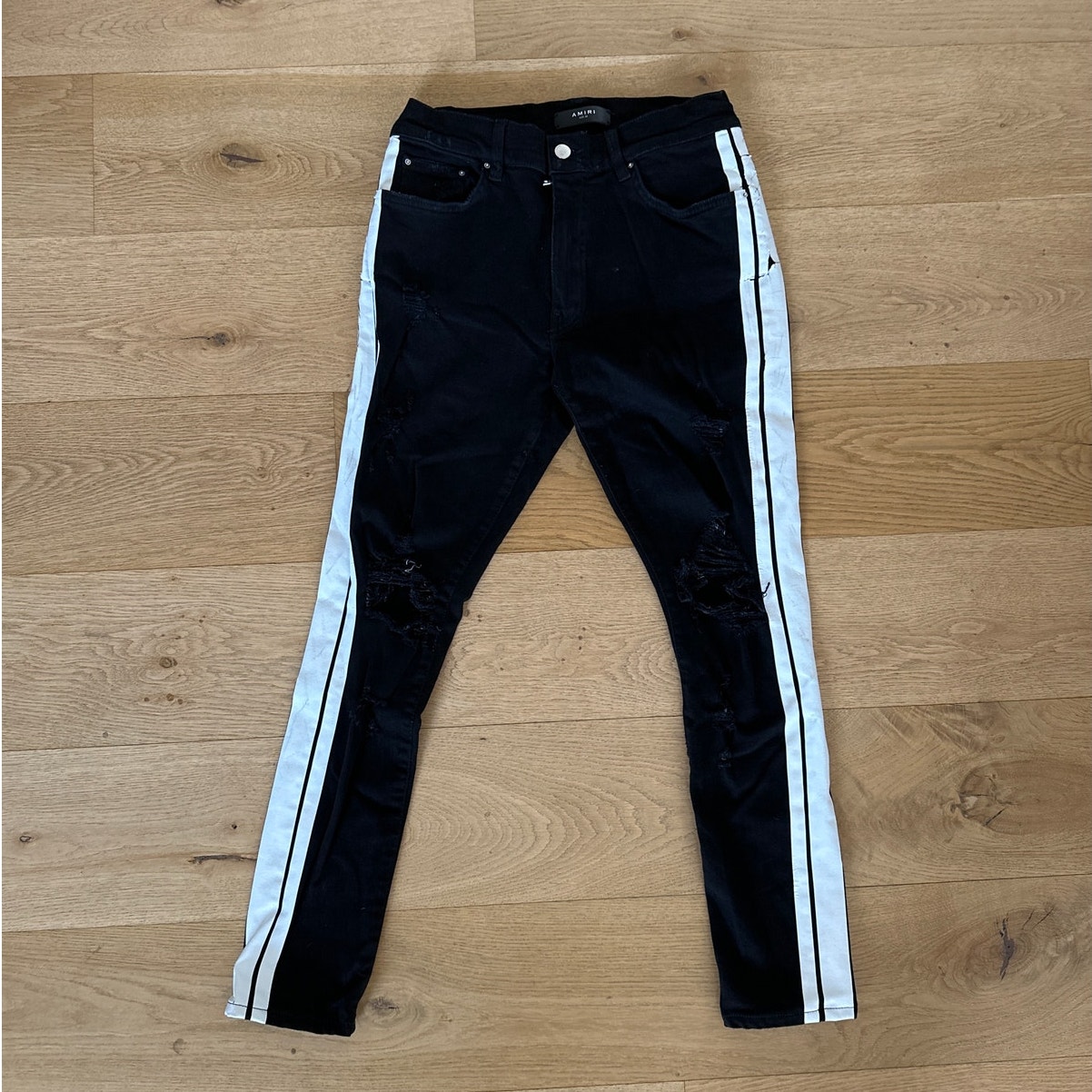 AMIRI Men’s - Side Track Stripe Ripped Knee Jeans in Black & White