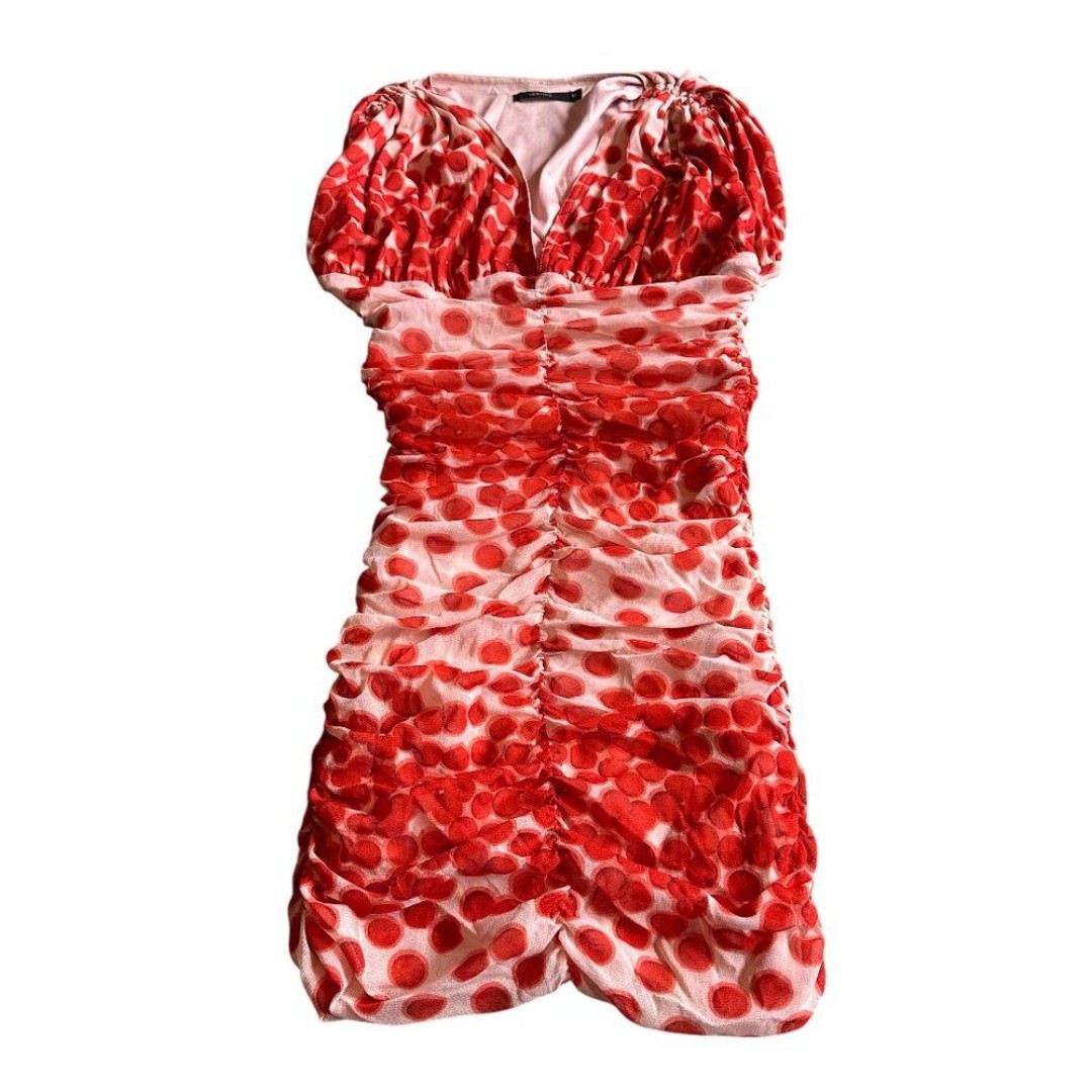 Vertigo Polka Dot Mesh Smocked Dress V-Neck Sleeveless Red Stretch Size Medium