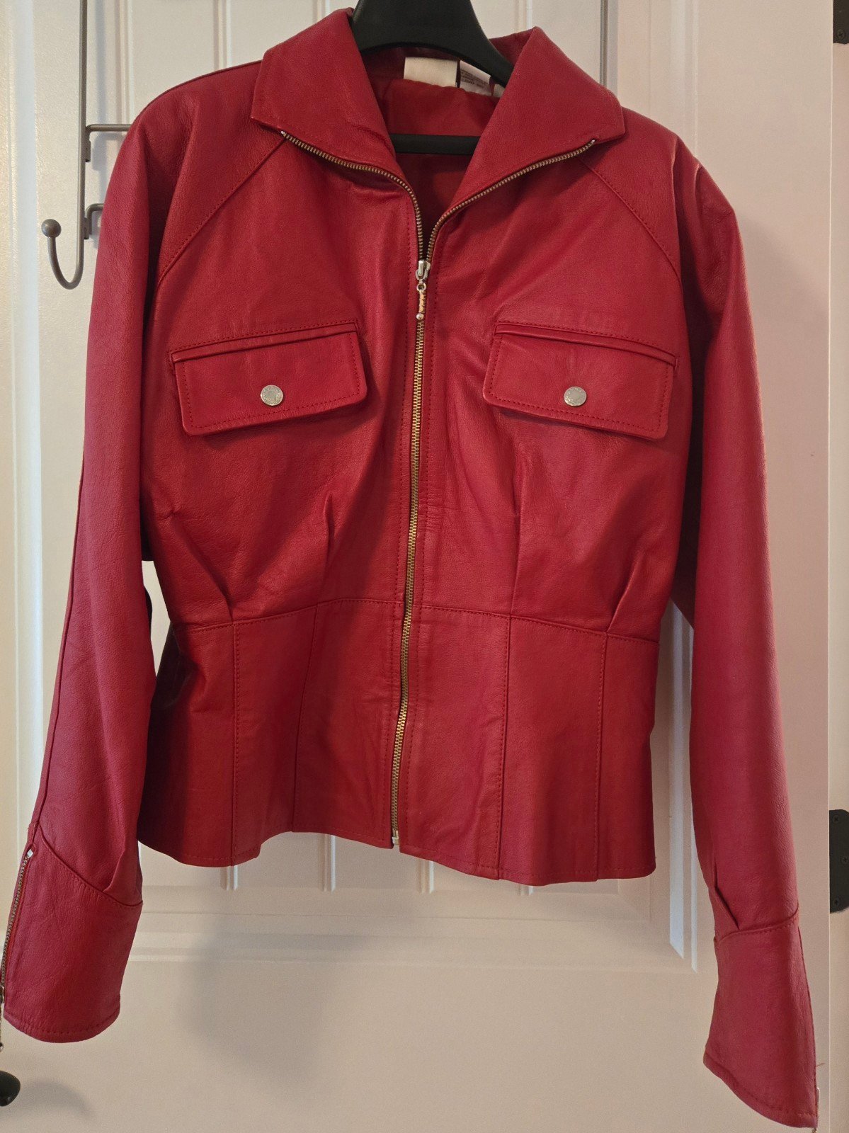 Red Leather Biker Jacket, slim 12( fit8-10)