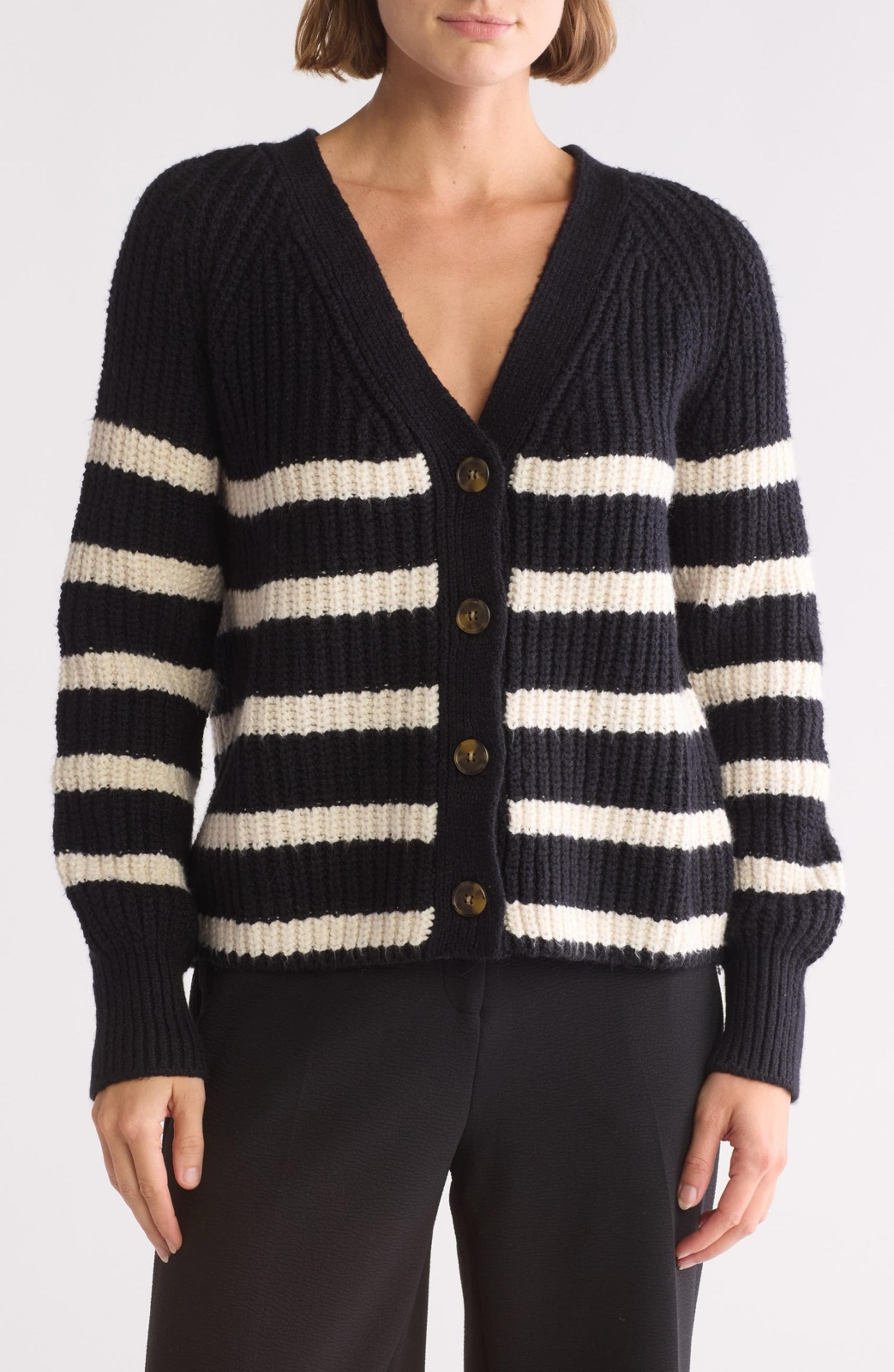 Caslon Cozy V Neck Cardigan Button Up Cotton Size XS White Black Stripes