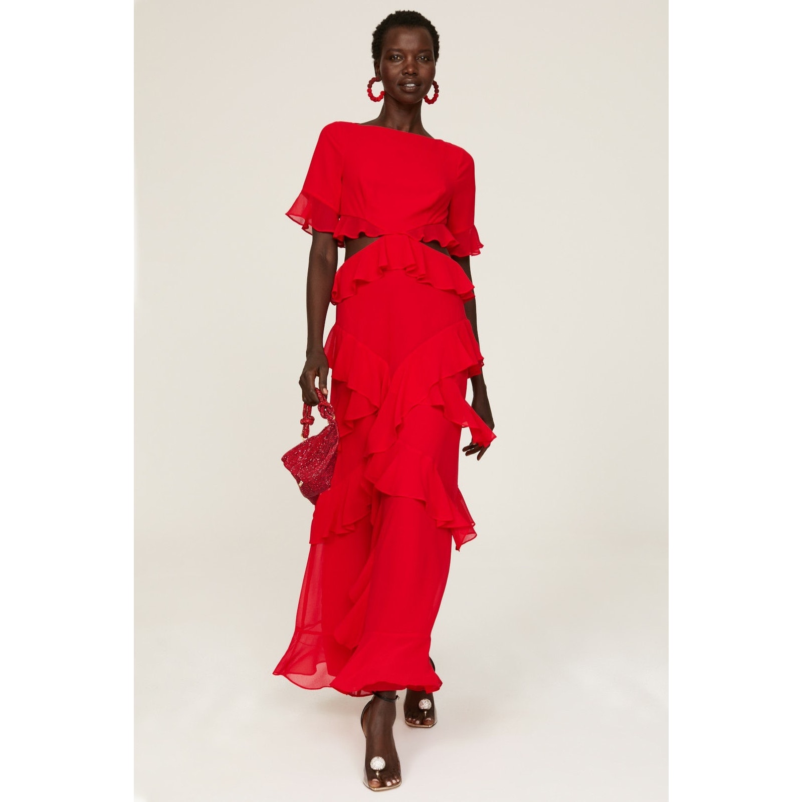 FAME & PARTNERS Red Chiffon Ruffle A-Line Mid-Cut Out Marse Gown Dress Size 2