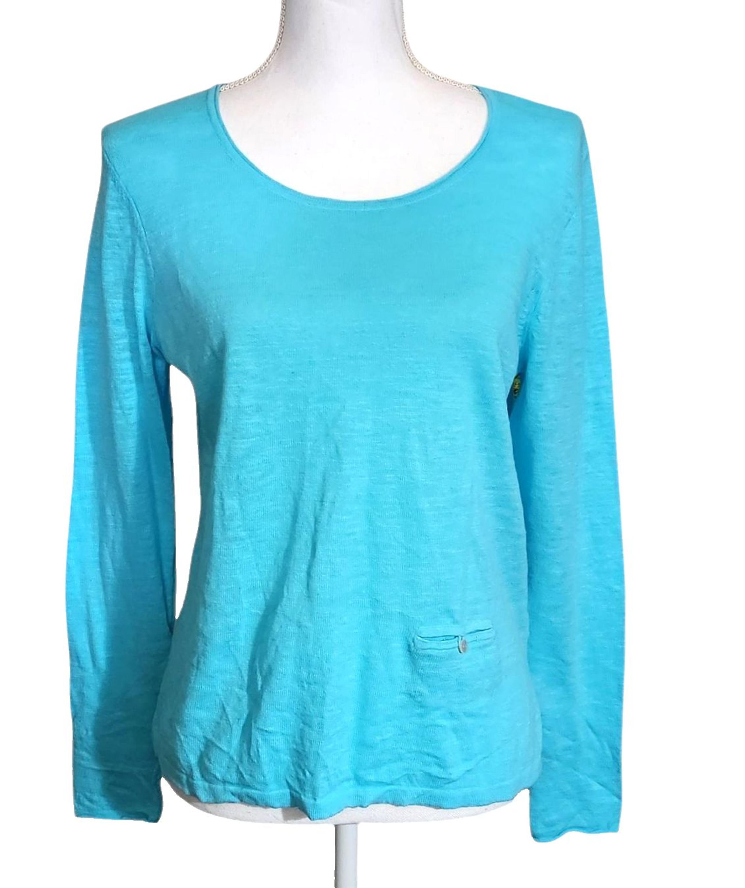 Pullover Sweater Long Sleeve Gauzy Linen Blend Pocket Aqua Blue Size XS - J. Jill