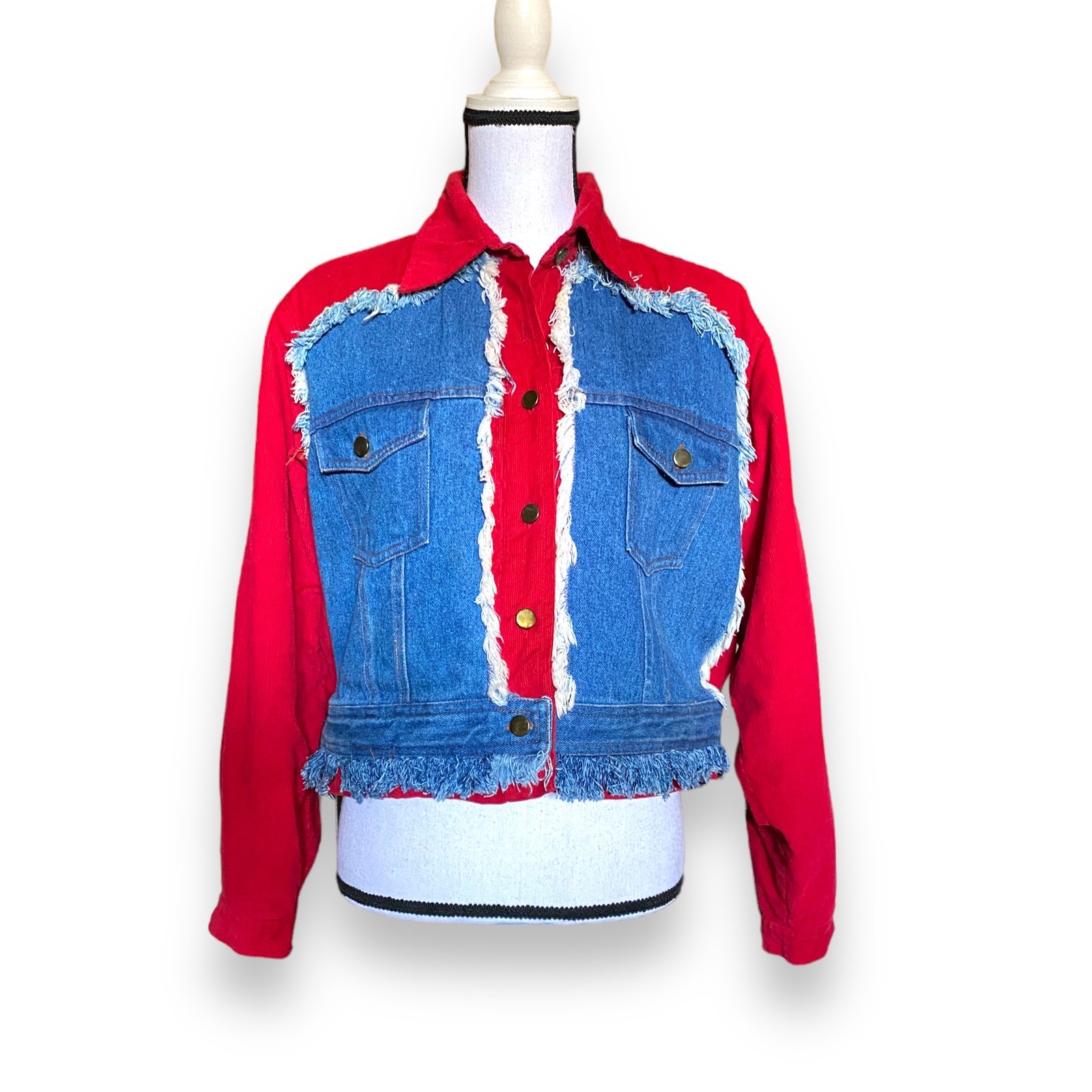 VNTG Don't Mess With Texas Red Corduroy Blue Jean Trucker Jacket Fits Sz M