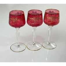 3 Antique Bohemian Moser Cranberry Cabochon Panel Wine Water Glasses Czech DK122