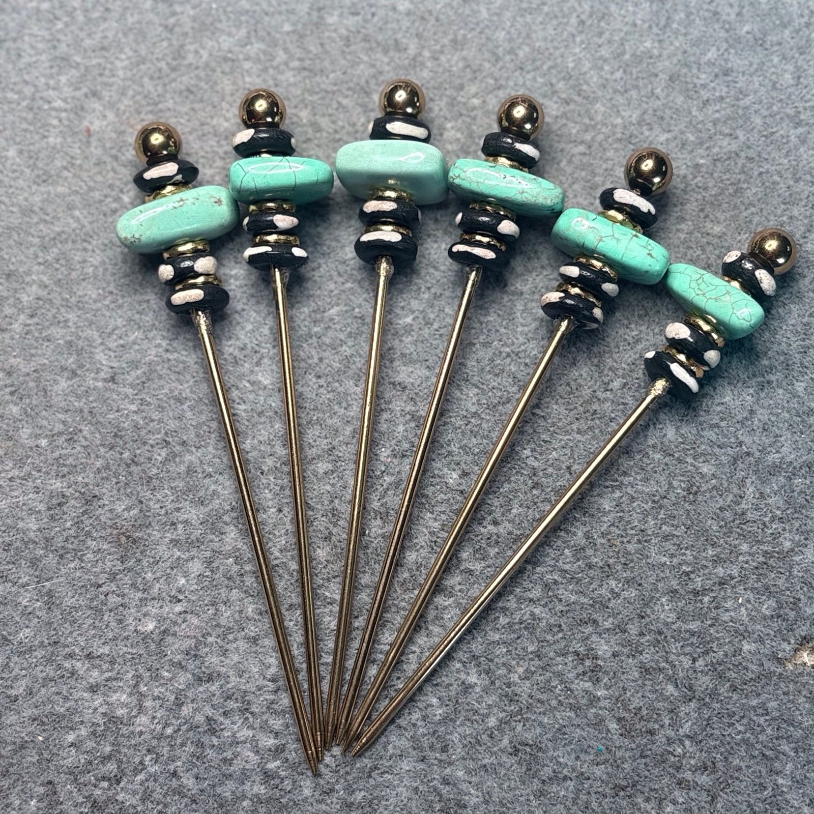 Stone Artisan Cocktail/Appetizer Picks; turquoise, black, gold; Set of 6