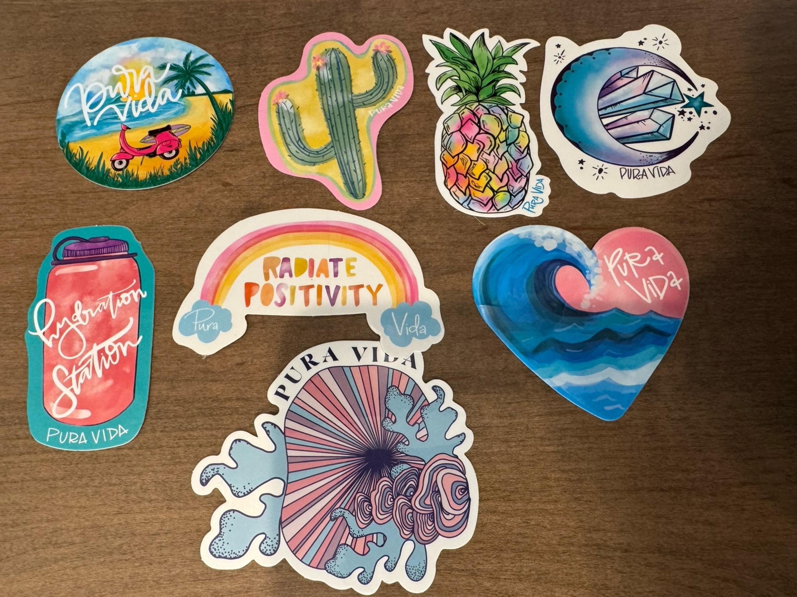 Pura Vida Sticker Set of 8 Beach, Pineapple, Cactus, Moon, Hydration, Rainbow