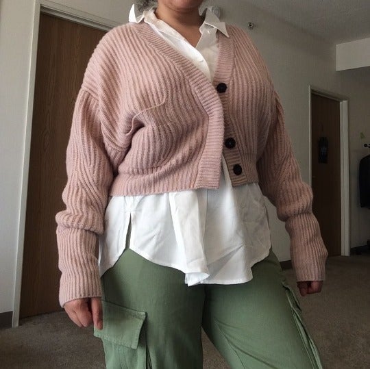 100% Cashmere Pink Ribbed Cropped Oversized Drop Shoulder Cardigan Sweater