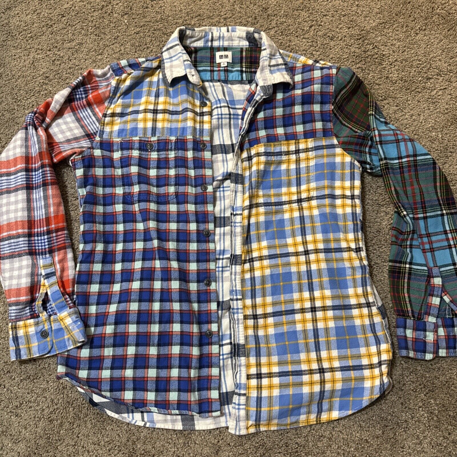 Uniqlo RARE Patchwork Flannel Large Piecework Yellow Blue Multicolor Checkered