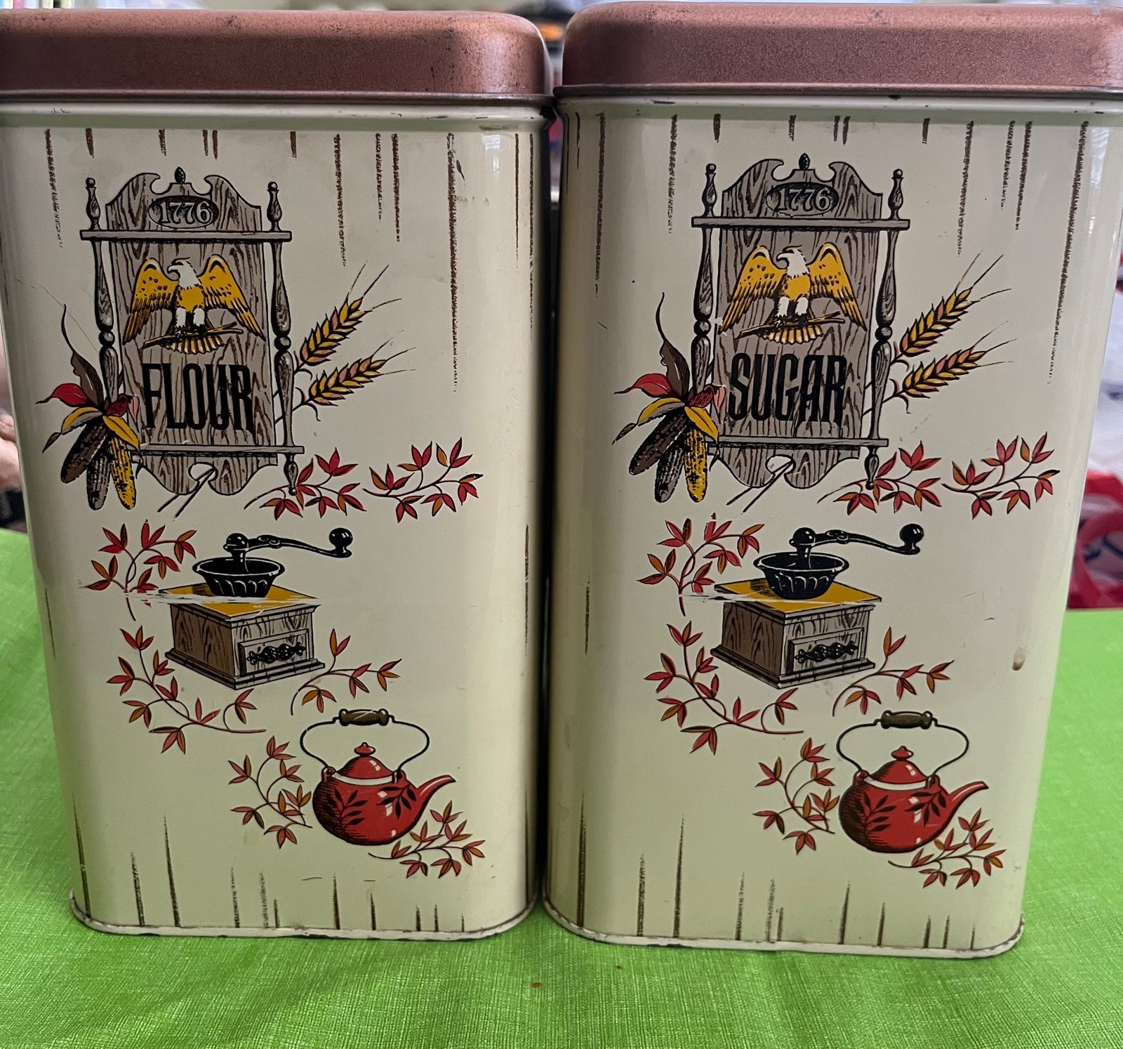 Vintage 70s Bicentennial Cheinco Flour Sugar Tin Canisters