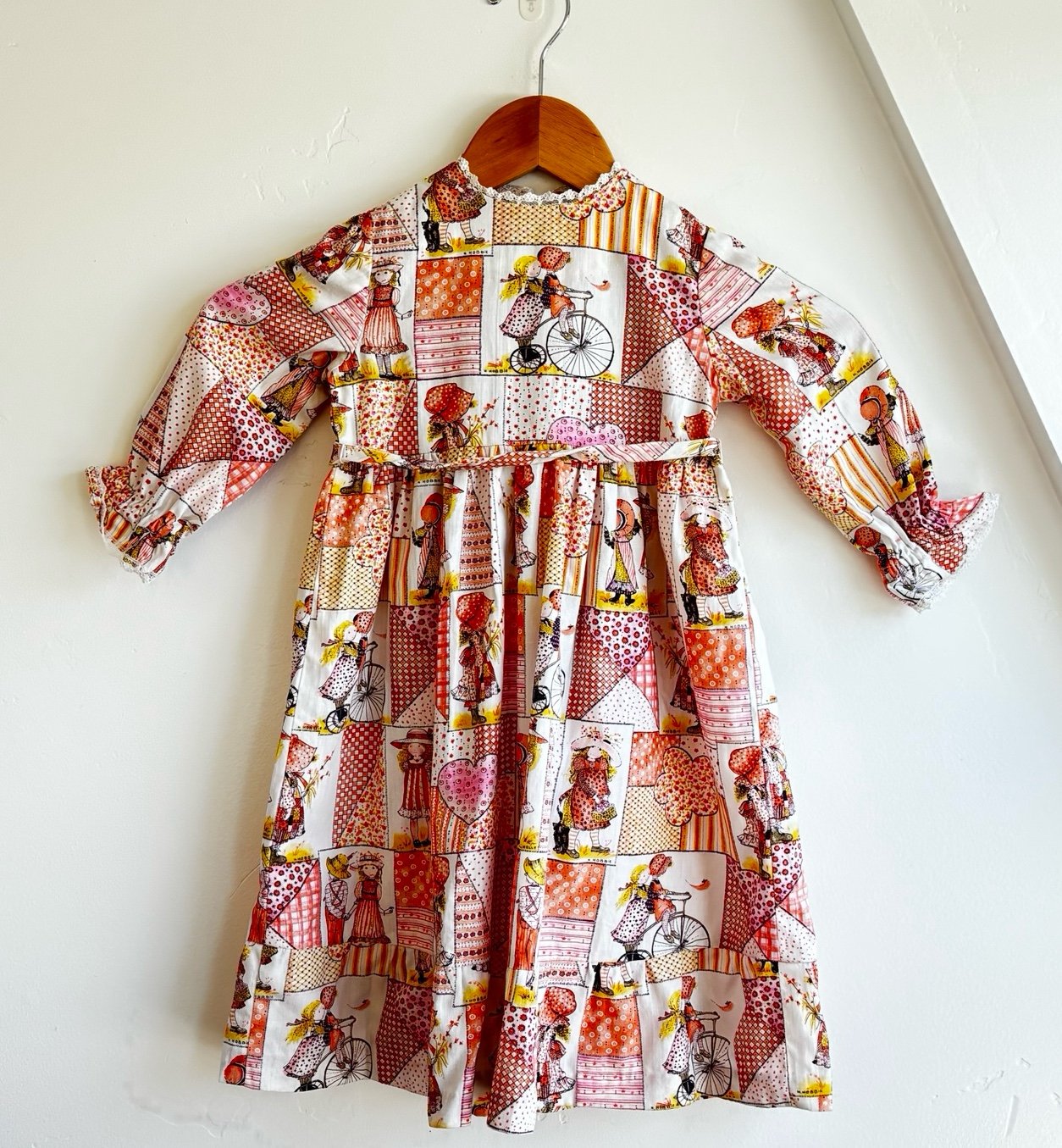 Vintage 70s Holly hobby Lace Dress Baby Girl Sz 2 Tie Back toddler