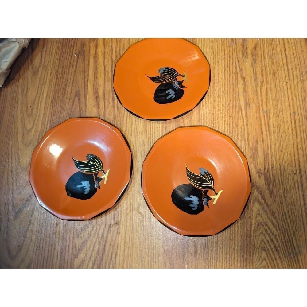 Otagiri Flower Vintage Japanese Orange Lacquer Ware 3 Plates