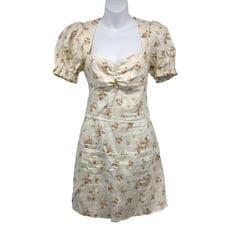 Reformation Gina Mini Dress 10 Linen Sweetheart Ruched Smocked Puff Sleeve NWT