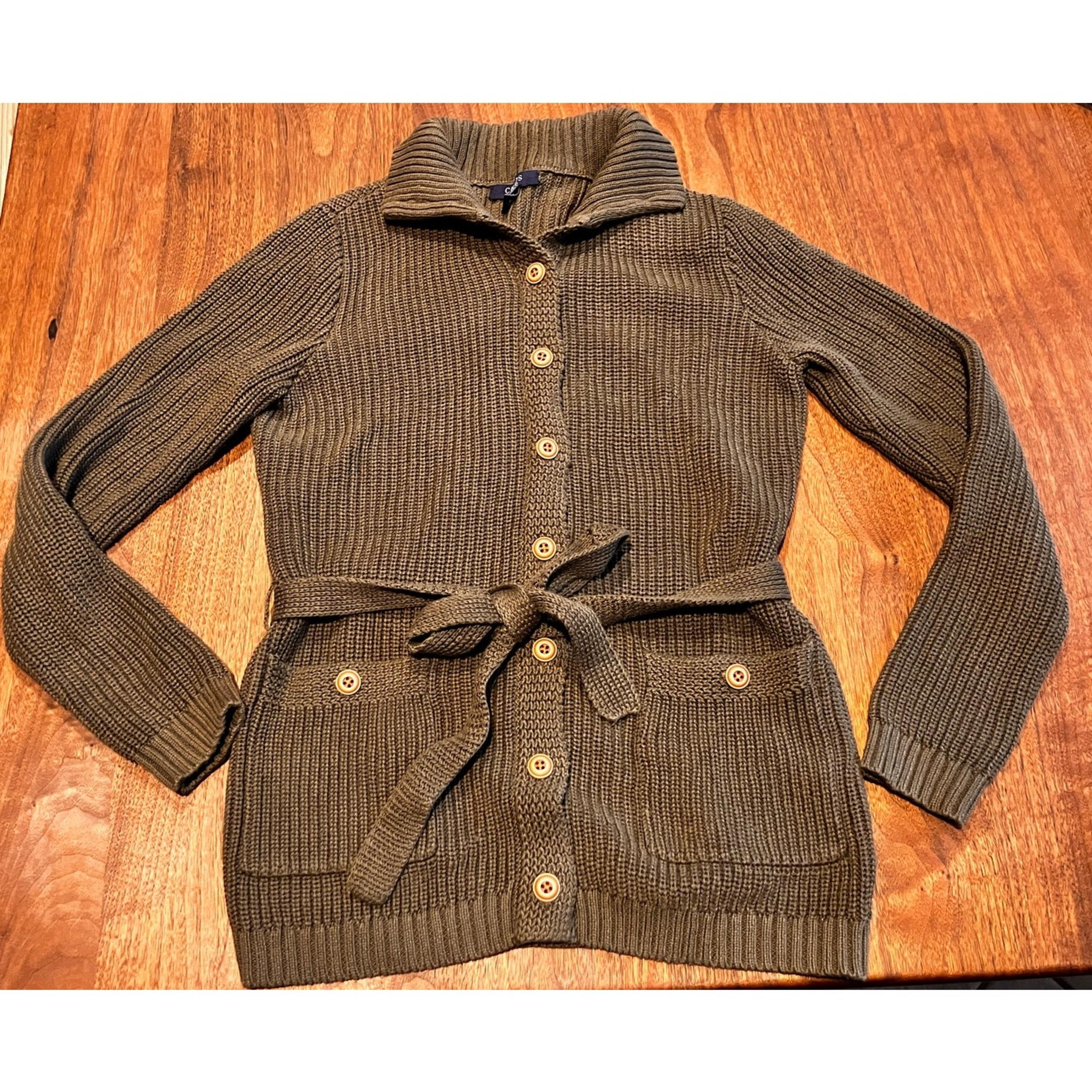 CHAPS Olive Green Women's Medium Cardigan Button Up Collar Chunky Belt Pockets