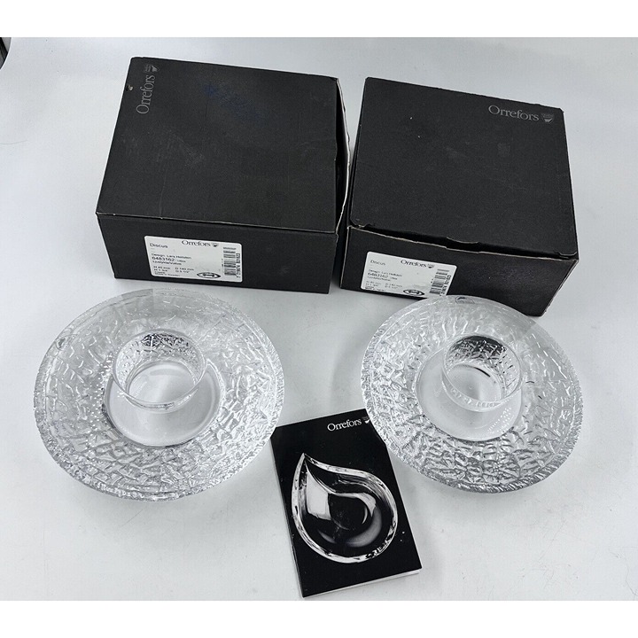 Orrefors Sweden Set of 2 Crystal Discus Votive Candle Holder Lars Hellsten