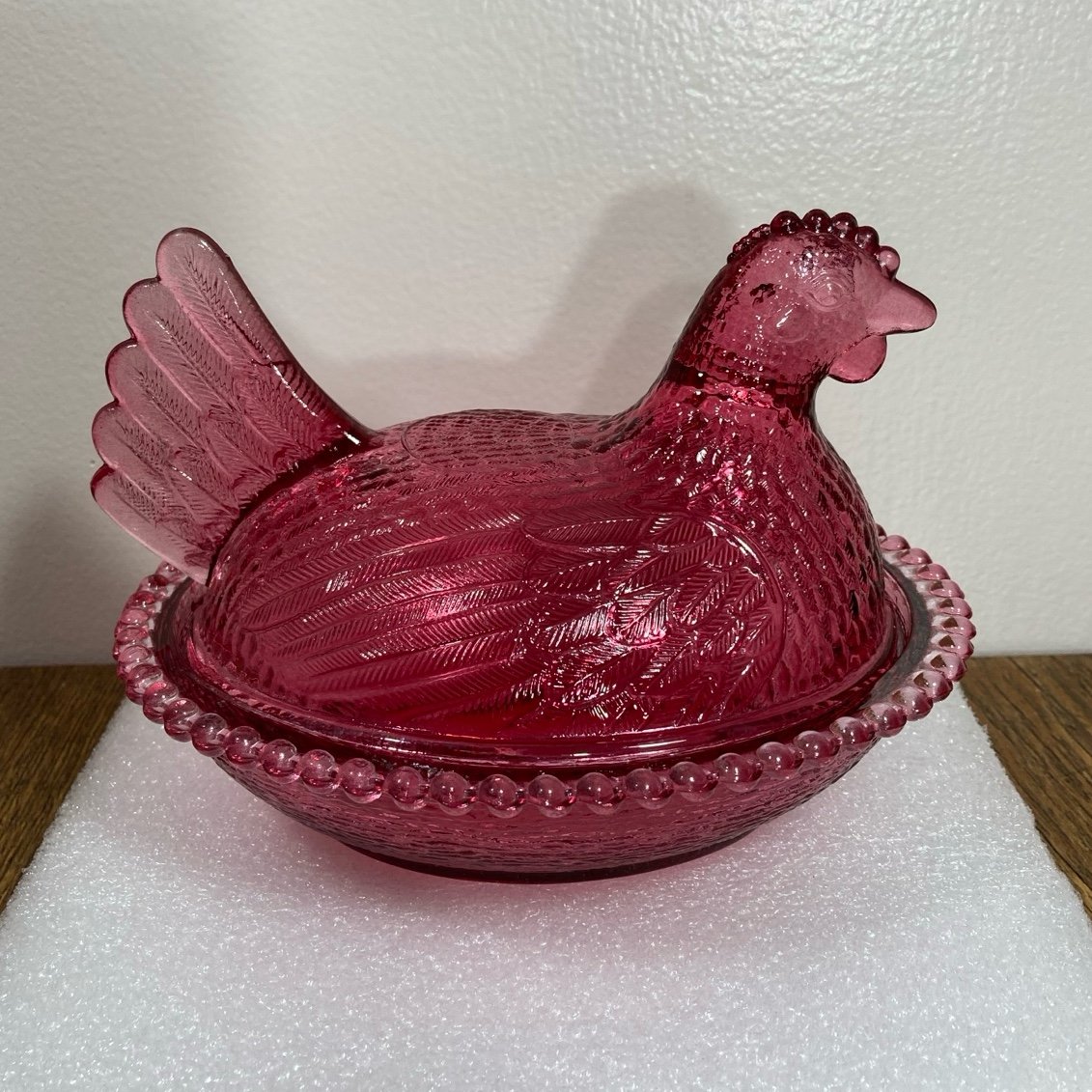 Vintage Indiana Glass Hen on Nest Beaded Candy Dish in rare Cranberry Color